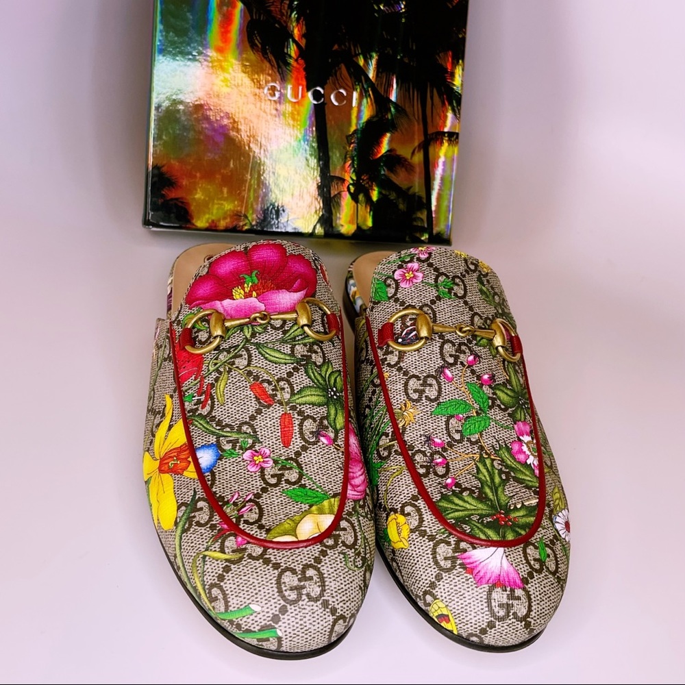 GUCCI Princetown Horsebit GG Supreme Flora Print Slippers Sandals Slip-on Shoes - Picture 3 of 13